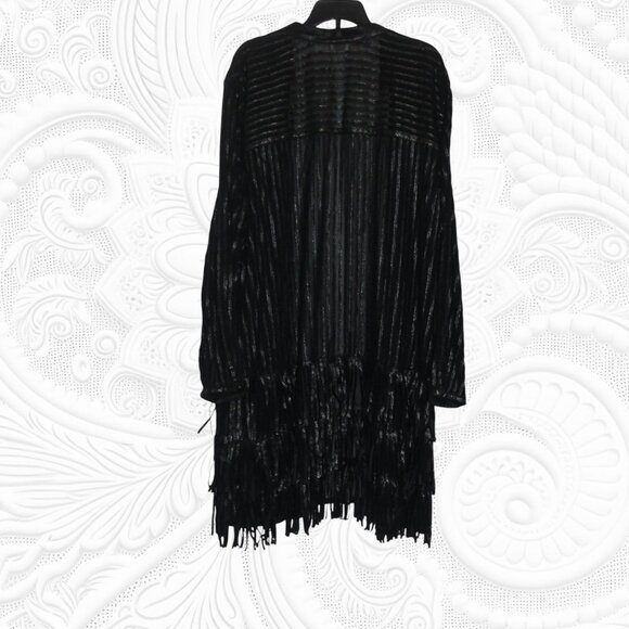 Chico's (Size 3) Black Striped Open Front See-Thru Top with Fringe - Picture 3 of 3